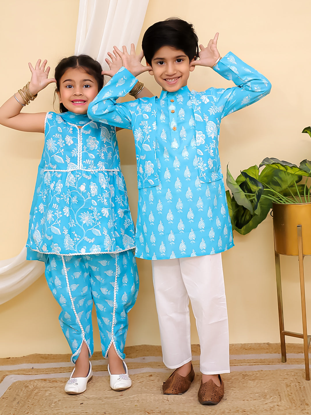 Boys Sky Blue Full sleeves Floral Print Cotton Kurta Pyjama and Sky Blue Sleeveless Floral Print Cotton Girls Suit Set For Girls - Sibling Set - AJ Dezines