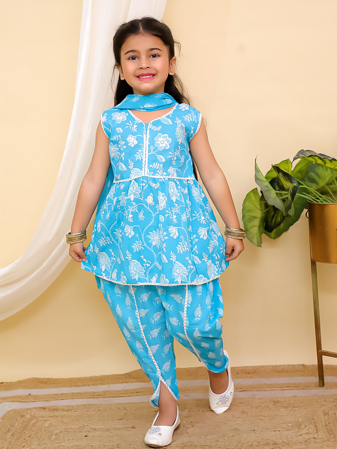 Boys Sky Blue Full sleeves Floral Print Cotton Kurta Pyjama and Sky Blue Sleeveless Floral Print Cotton Girls Suit Set For Girls - Sibling Set - AJ Dezines