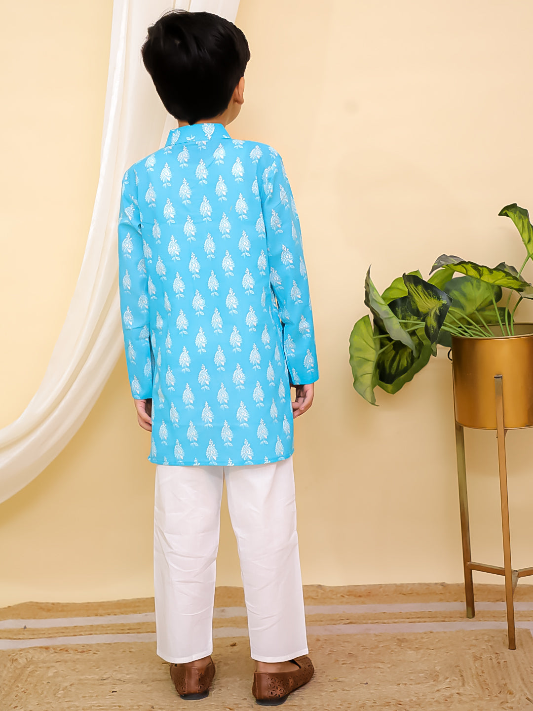 Boys Sky Blue Full sleeves Floral Print Cotton Kurta Pyjama and Sky Blue Sleeveless Floral Print Cotton Girls Suit Set For Girls - Sibling Set - AJ Dezines