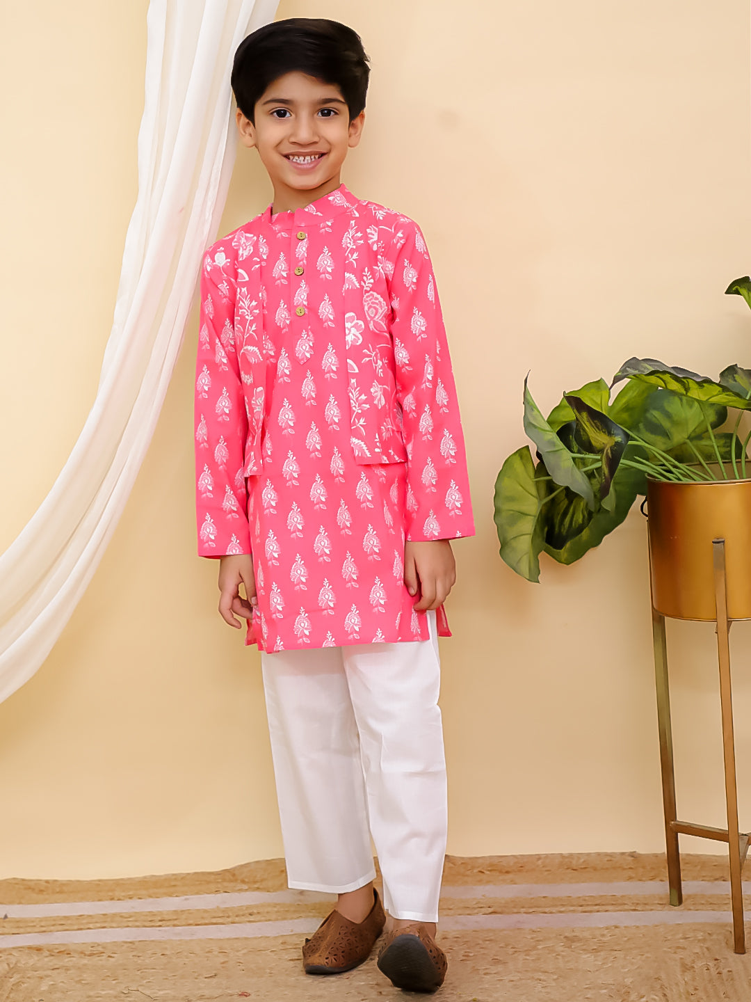Pink Full sleeves Floral Print Cotton Kurta Pyjama For Boys - AJ Dezines