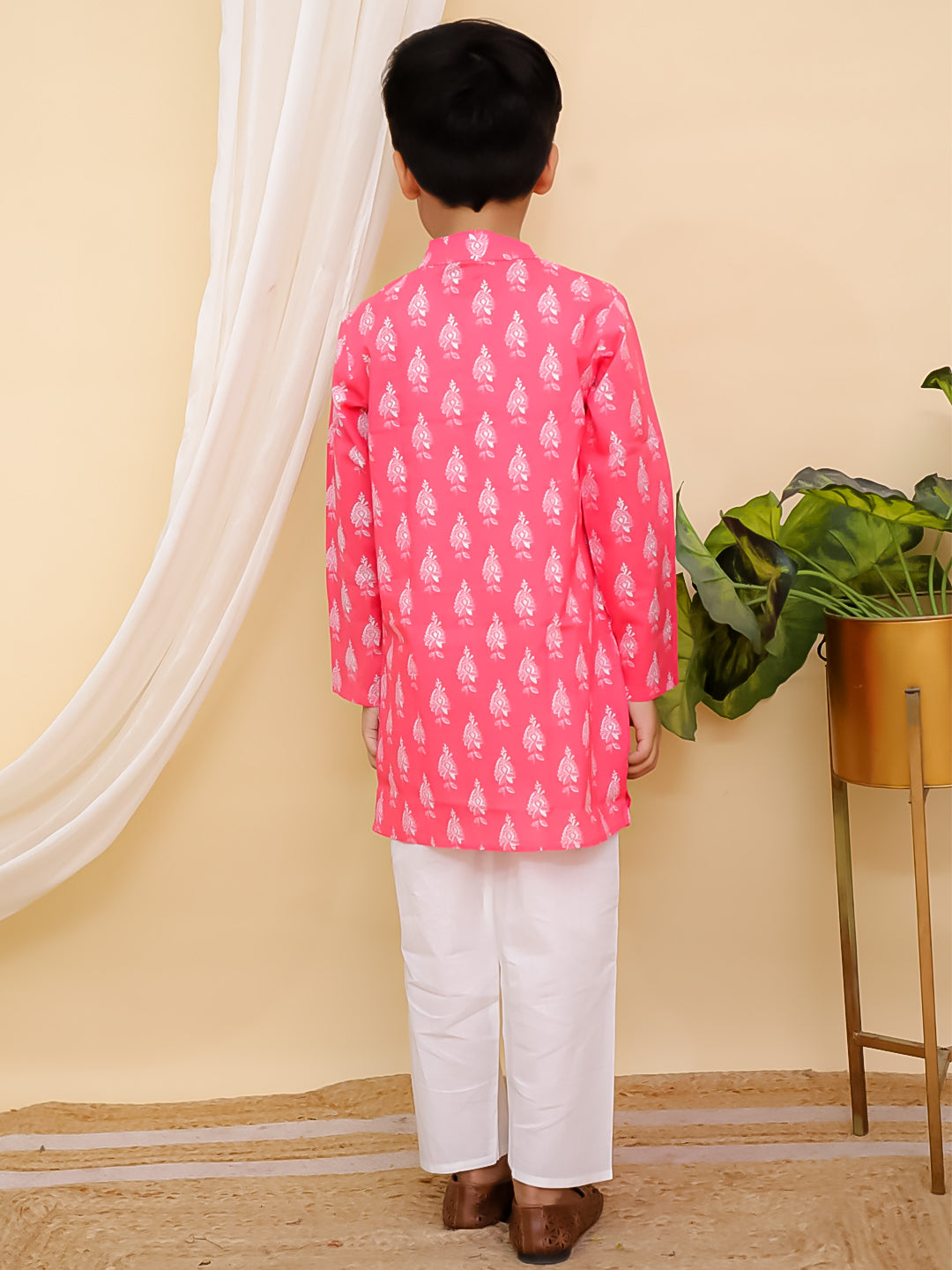 Pink Full sleeves Floral Print Cotton Kurta Pyjama For Boys - AJ Dezines
