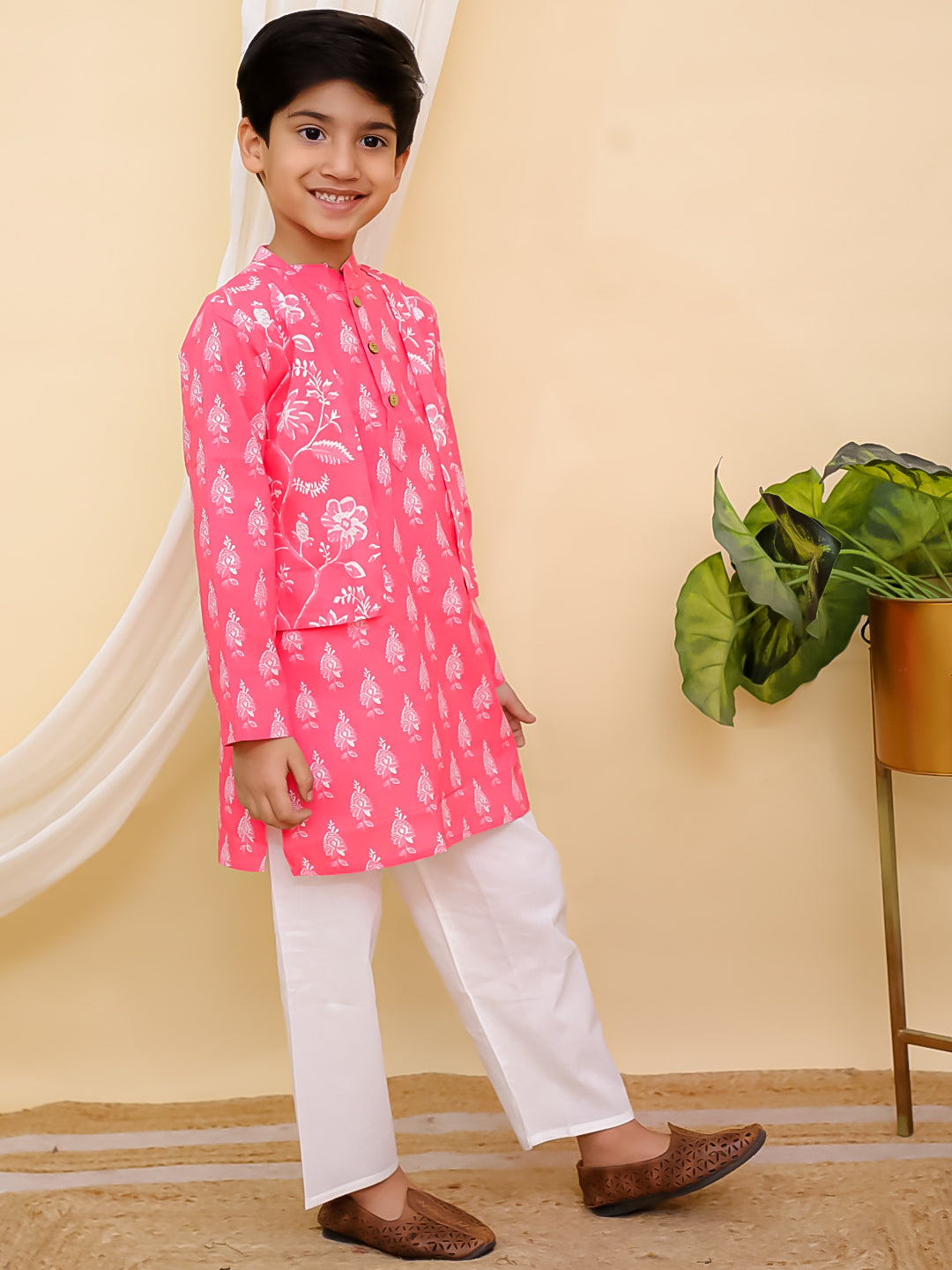 Pink Full sleeves Floral Print Cotton Kurta Pyjama For Boys - AJ Dezines