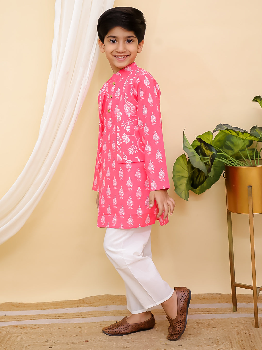 Pink Full sleeves Floral Print Cotton Kurta Pyjama For Boys - AJ Dezines