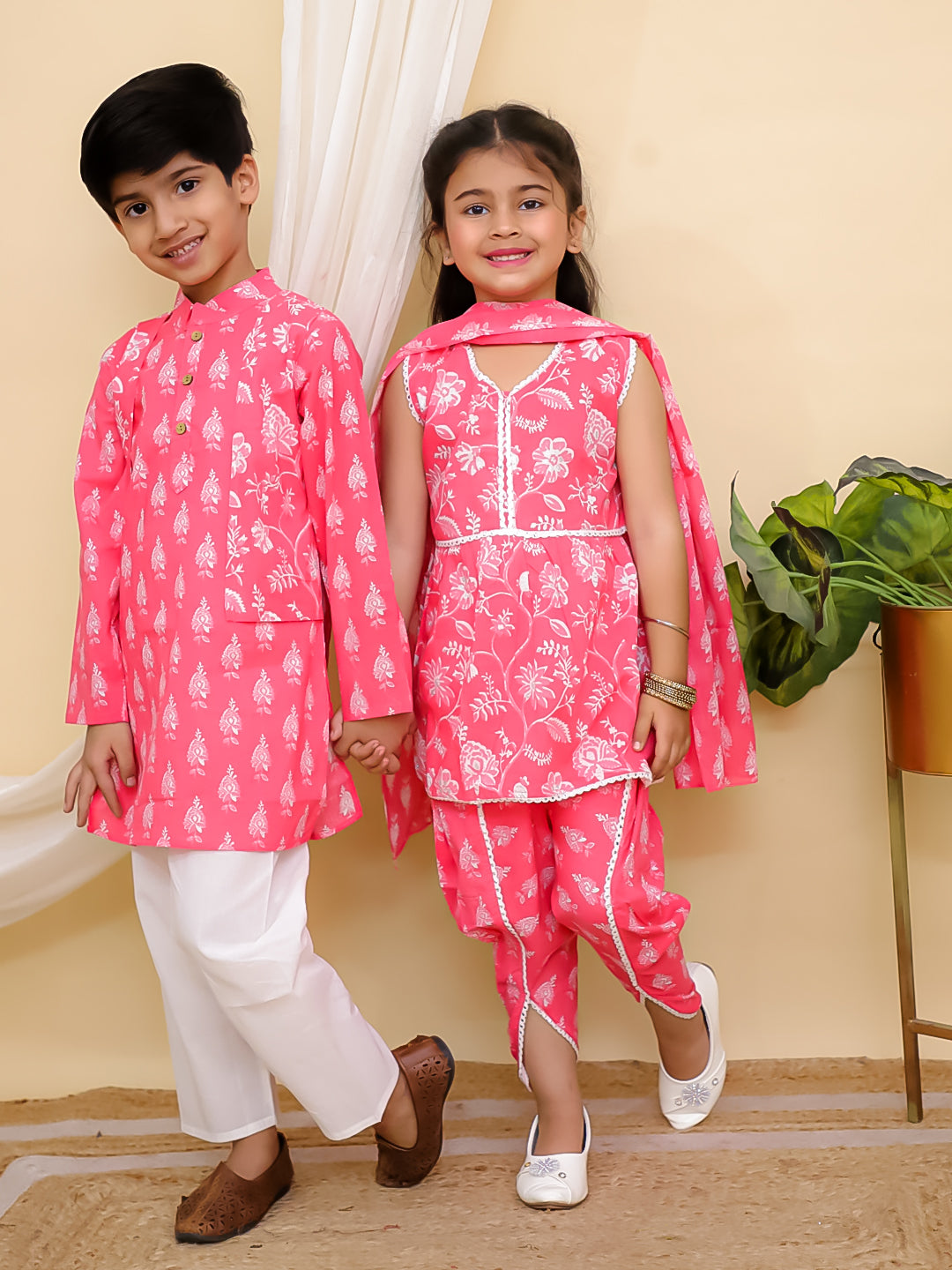 Boys Pink Full sleeves Floral Print Cotton Kurta Pyjama and Pink Sleeveless Floral Print Cotton Girls Suit Set For Girls - Sibling Set - AJ Dezines