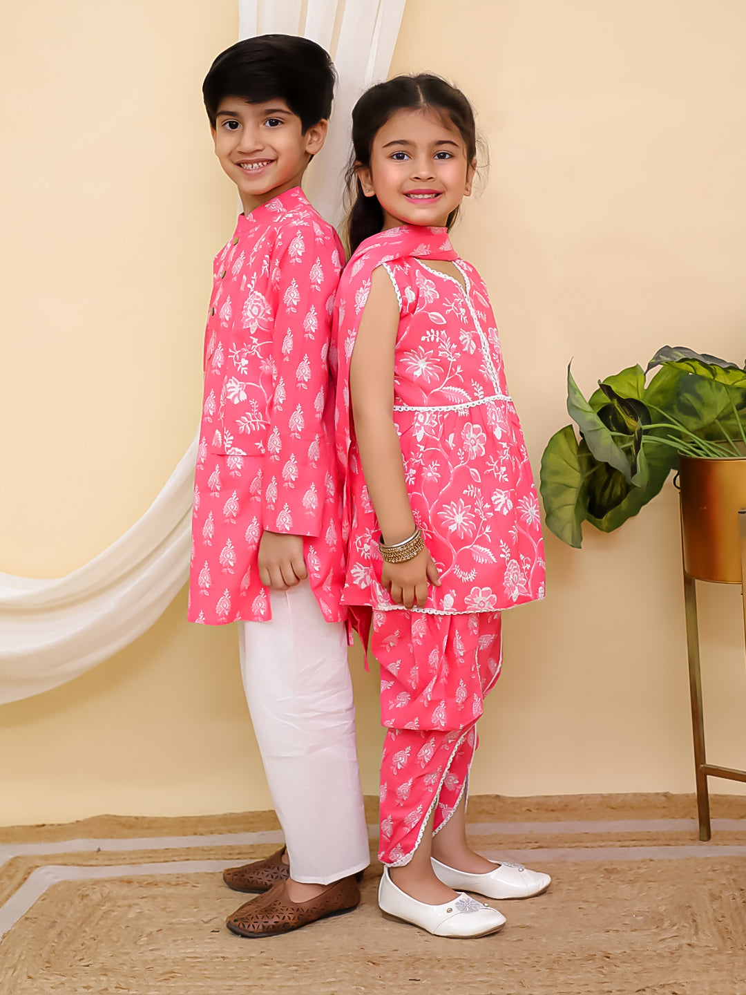Boys Pink Full sleeves Floral Print Cotton Kurta Pyjama and Pink Sleeveless Floral Print Cotton Girls Suit Set For Girls - Sibling Set - AJ Dezines