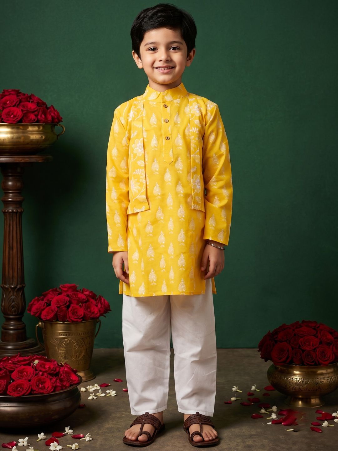 Yellow Full sleeves Floral Print Cotton Kurta Pyjama For Boys