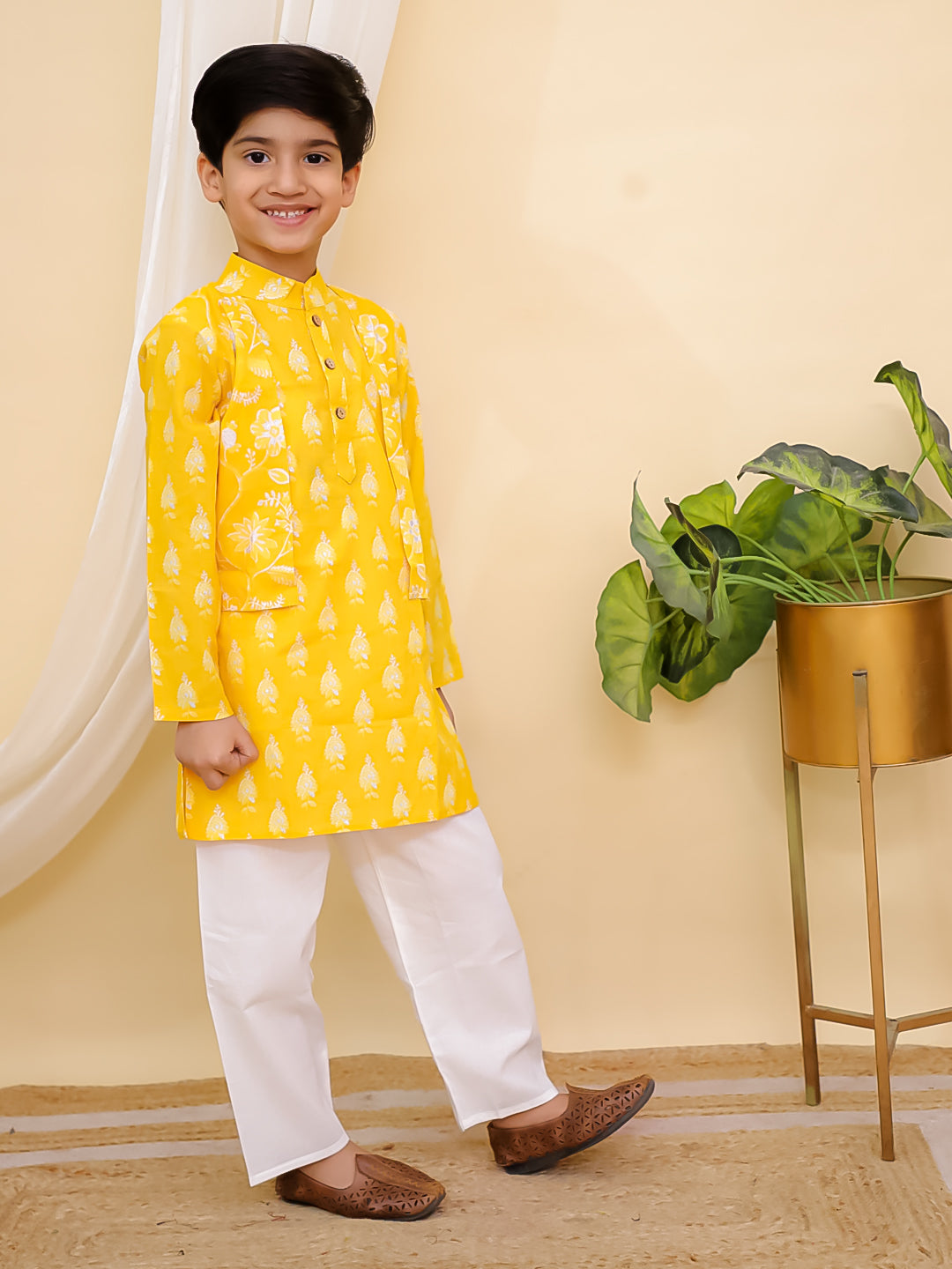 Yellow Full sleeves Floral Print Cotton Kurta Pyjama For Boys - AJ Dezines