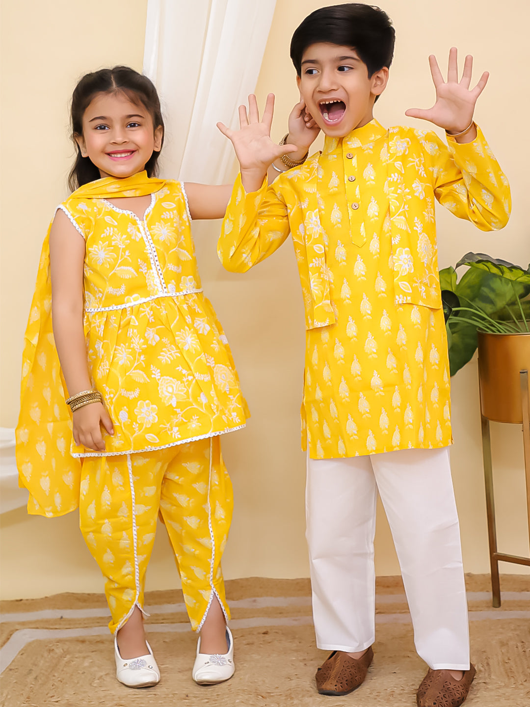 Boys Yellow Full sleeves Floral Print Cotton Kurta Pyjama and Yellow Sleeveless Floral Print Cotton Girls Suit Set For Girls - Sibling Set - AJ Dezines