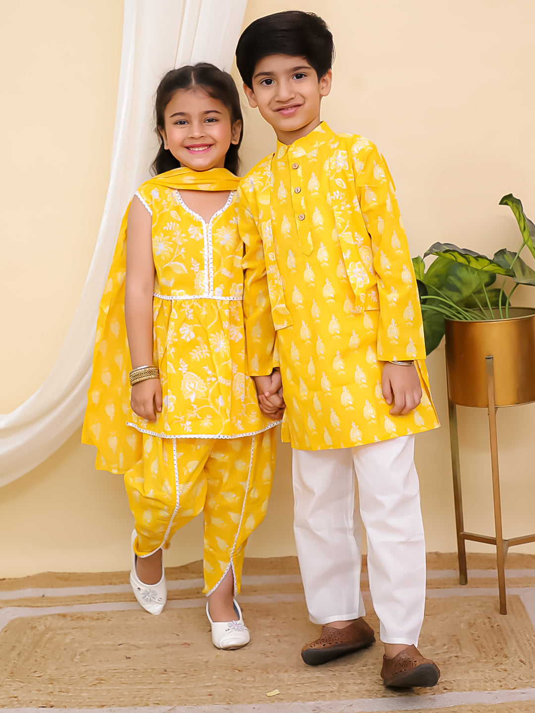 Boys Yellow Full sleeves Floral Print Cotton Kurta Pyjama and Yellow Sleeveless Floral Print Cotton Girls Suit Set For Girls - Sibling Set - AJ Dezines