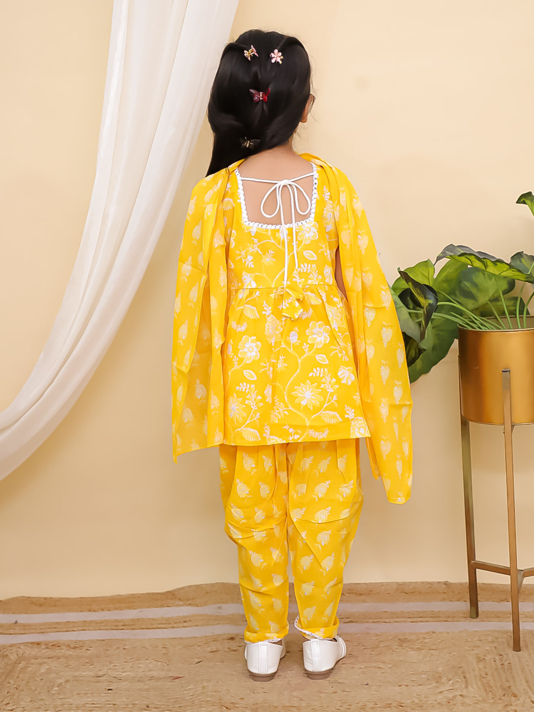 Boys Yellow Full sleeves Floral Print Cotton Kurta Pyjama and Yellow Sleeveless Floral Print Cotton Girls Suit Set For Girls - Sibling Set - AJ Dezines