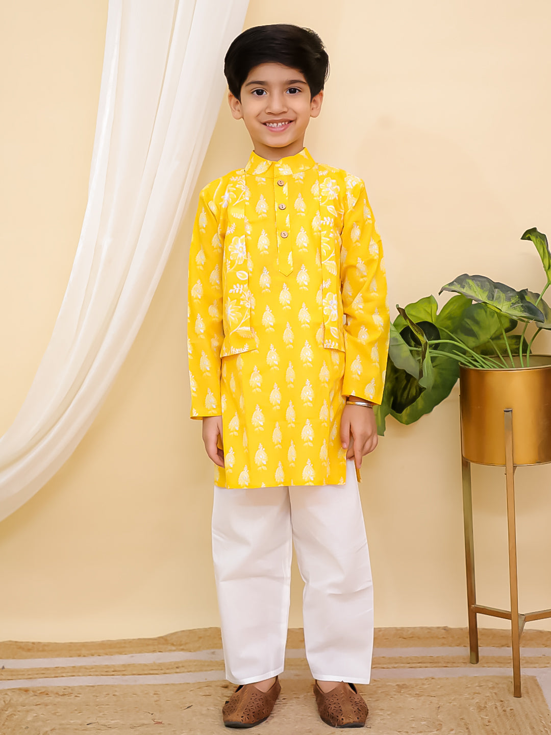 Boys Yellow Full sleeves Floral Print Cotton Kurta Pyjama and Yellow Sleeveless Floral Print Cotton Girls Suit Set For Girls - Sibling Set - AJ Dezines