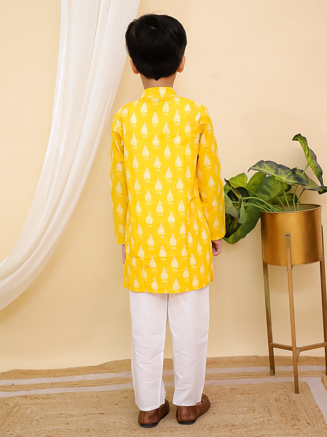 Boys Yellow Full sleeves Floral Print Cotton Kurta Pyjama and Yellow Sleeveless Floral Print Cotton Girls Suit Set For Girls - Sibling Set - AJ Dezines