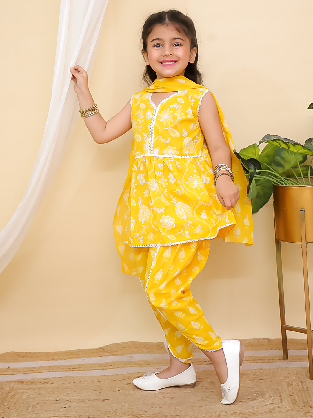 Boys Yellow Full sleeves Floral Print Cotton Kurta Pyjama and Yellow Sleeveless Floral Print Cotton Girls Suit Set For Girls - Sibling Set - AJ Dezines