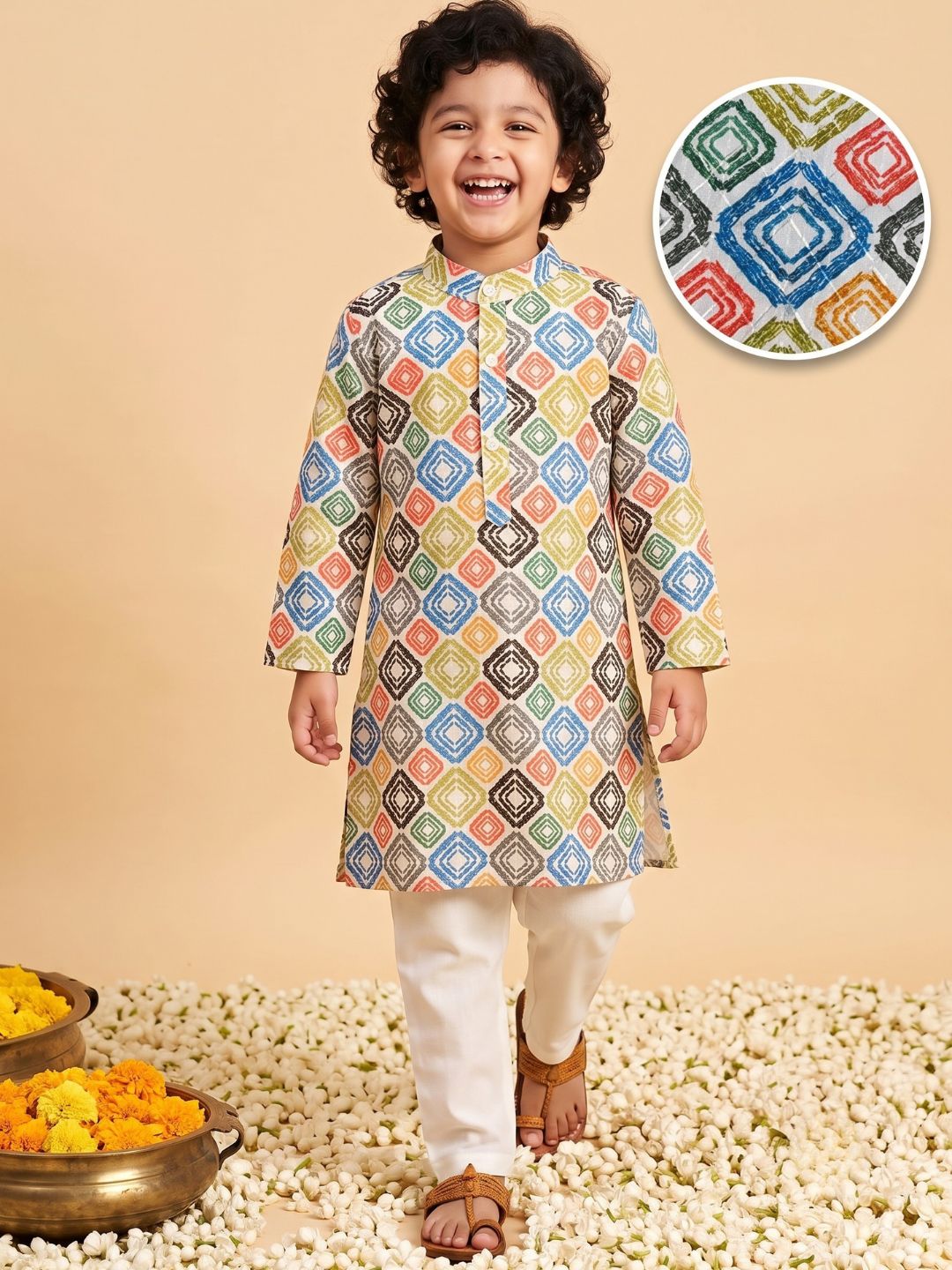 Multi Color Silk Blend Full Sleeves Printed Kurta Pyjama Set