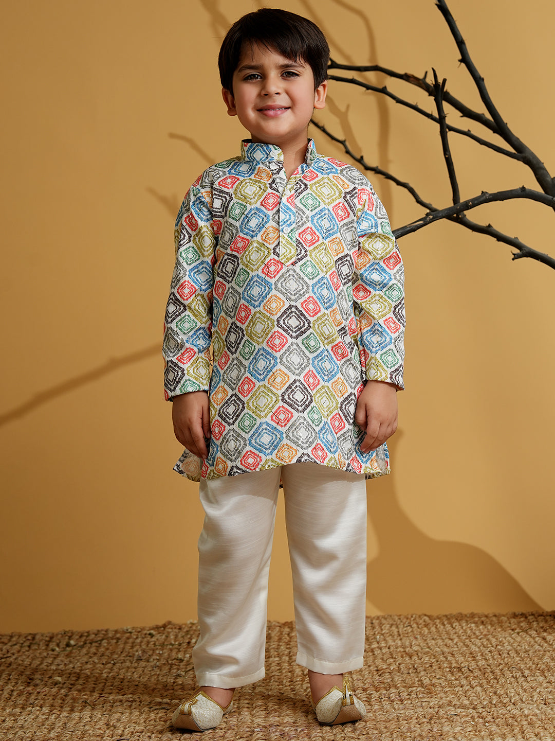 Multi Color Silk Blend Full Sleeves Printed Kurta Pyjama Set - AJ Dezines