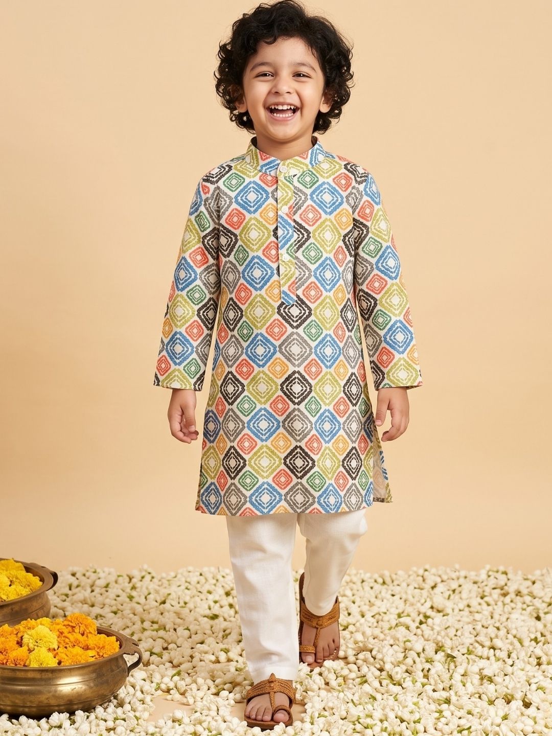 Multi Color Silk Blend Full Sleeves Printed Kurta Pyjama Set