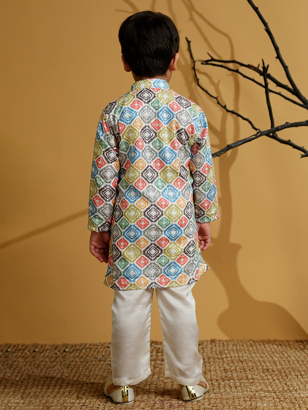 Multi Color Silk Blend Full Sleeves Printed Kurta Pyjama Set - AJ Dezines