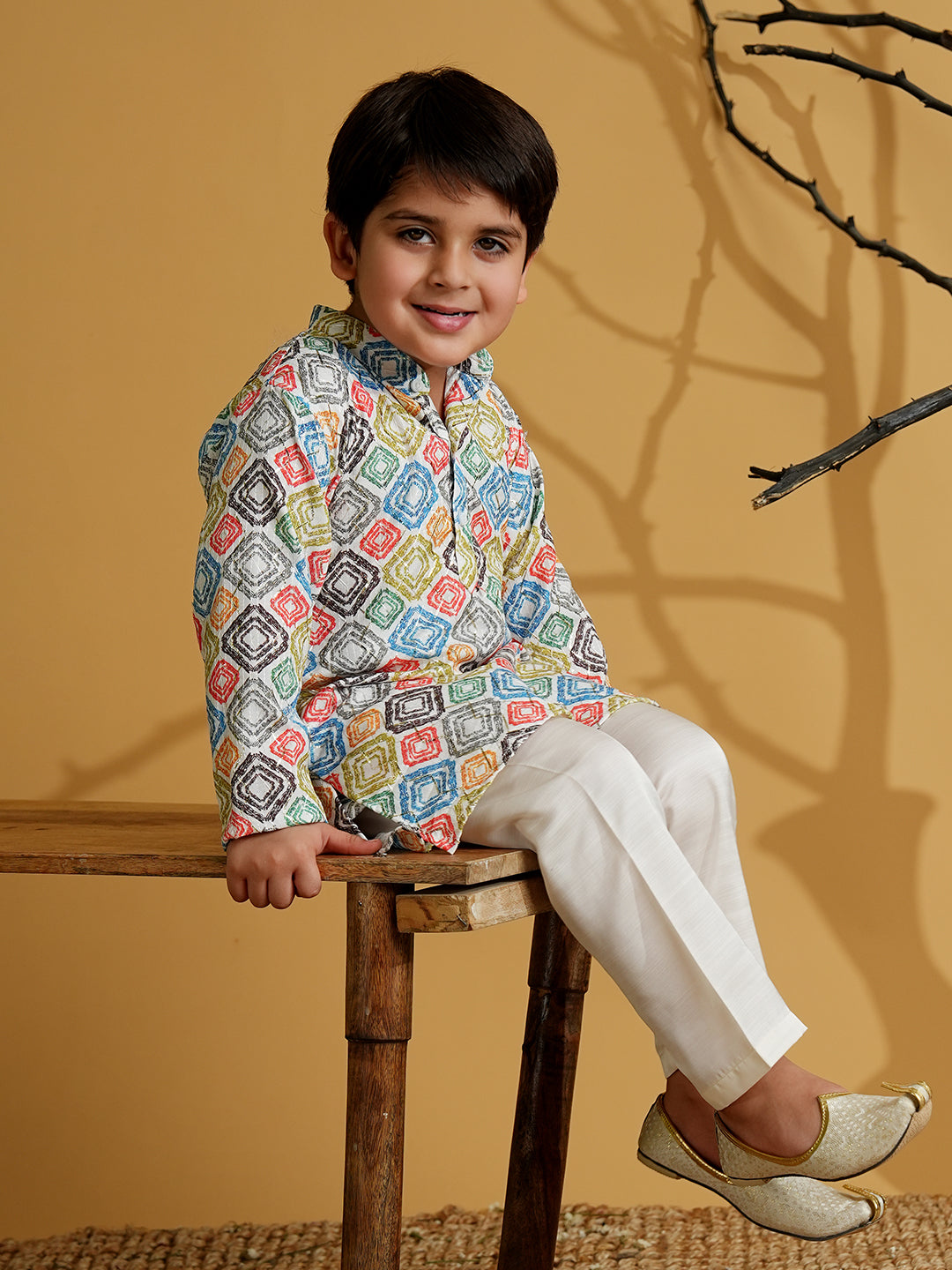 Multi Color Silk Blend Full Sleeves Printed Kurta Pyjama Set - AJ Dezines