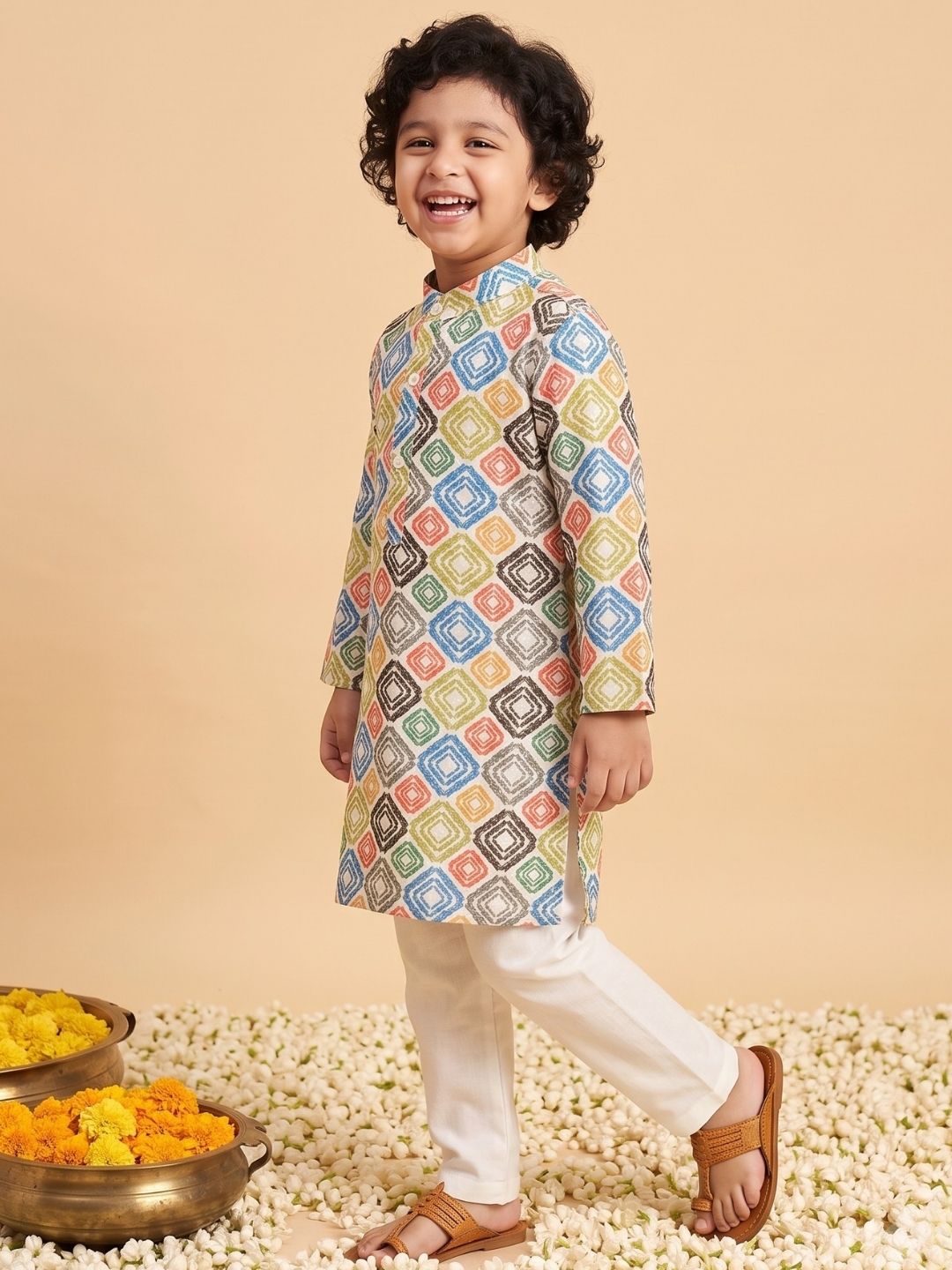 Multi Color Silk Blend Full Sleeves Printed Kurta Pyjama Set