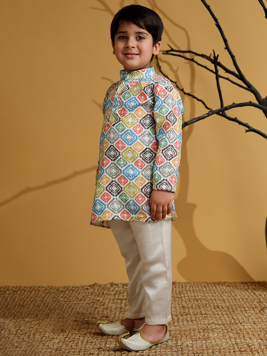 Multi Color Silk Blend Full Sleeves Printed Kurta Pyjama Set - AJ Dezines