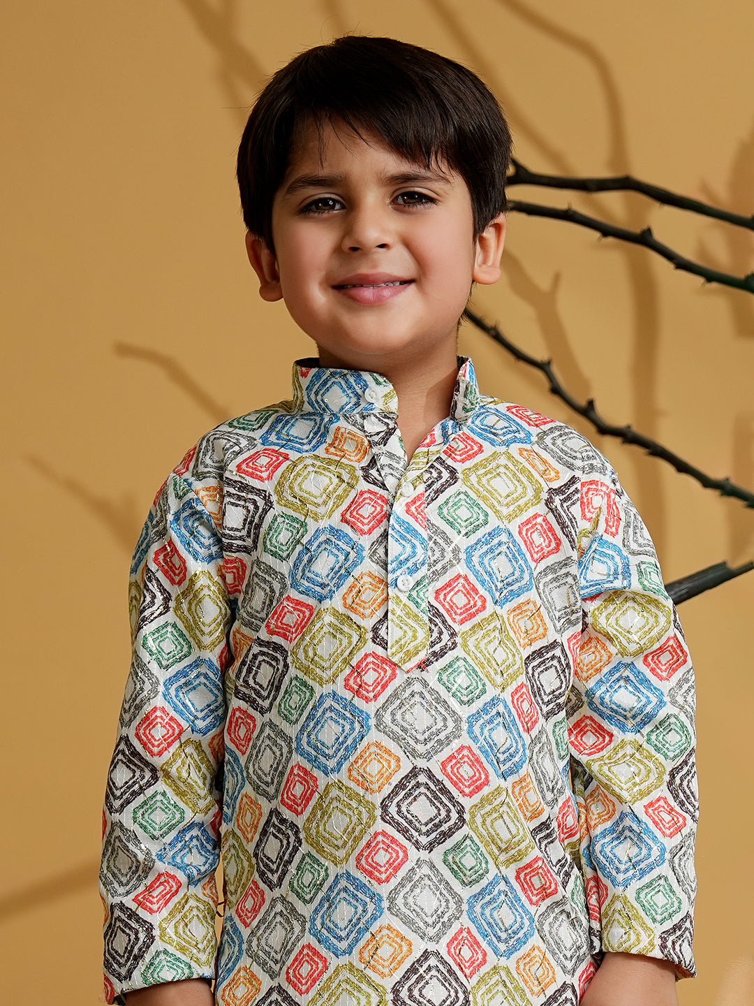 Multi Color Silk Blend Full Sleeves Printed Kurta Pyjama Set - AJ Dezines