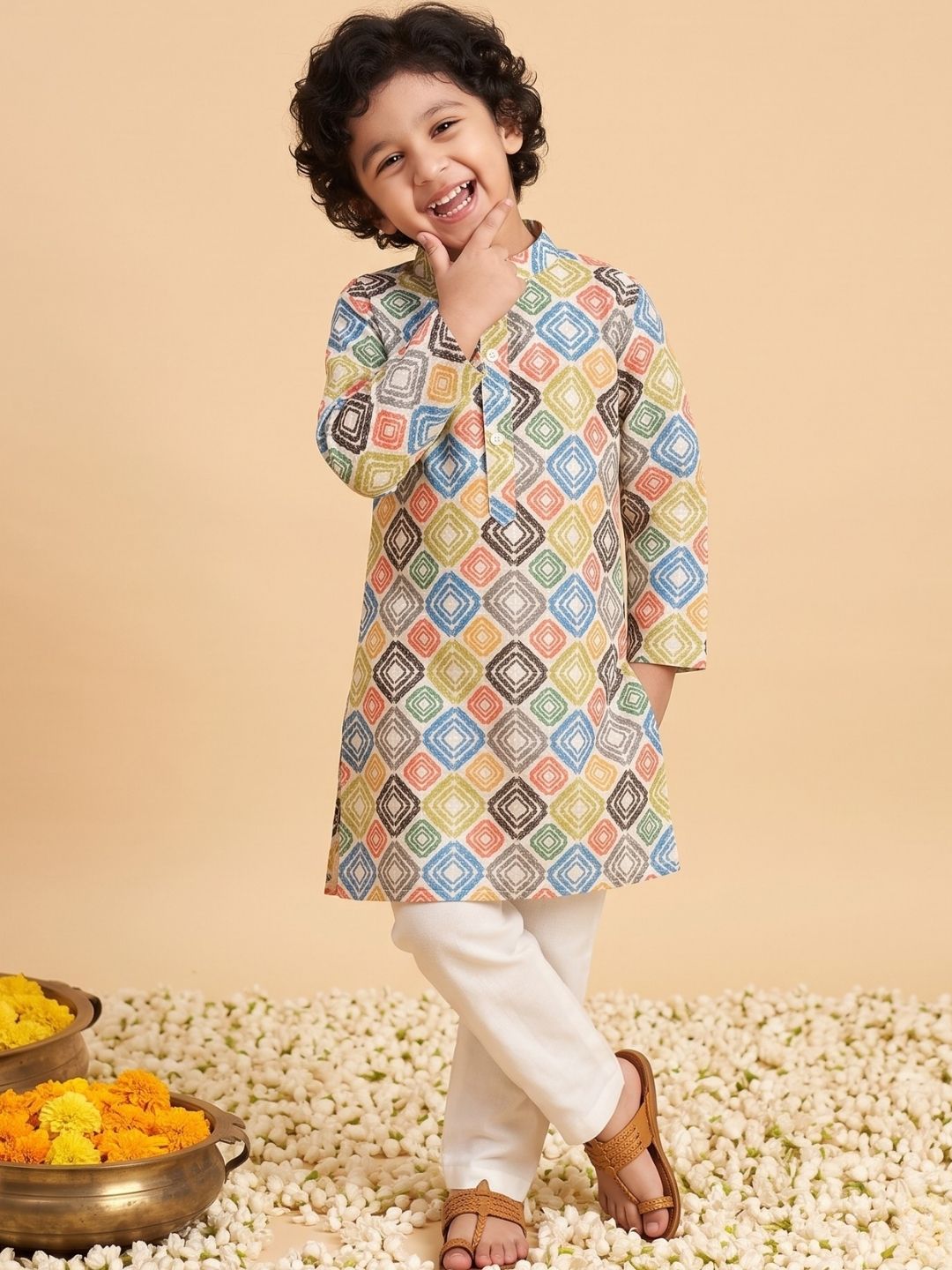 Multi Color Silk Blend Full Sleeves Printed Kurta Pyjama Set