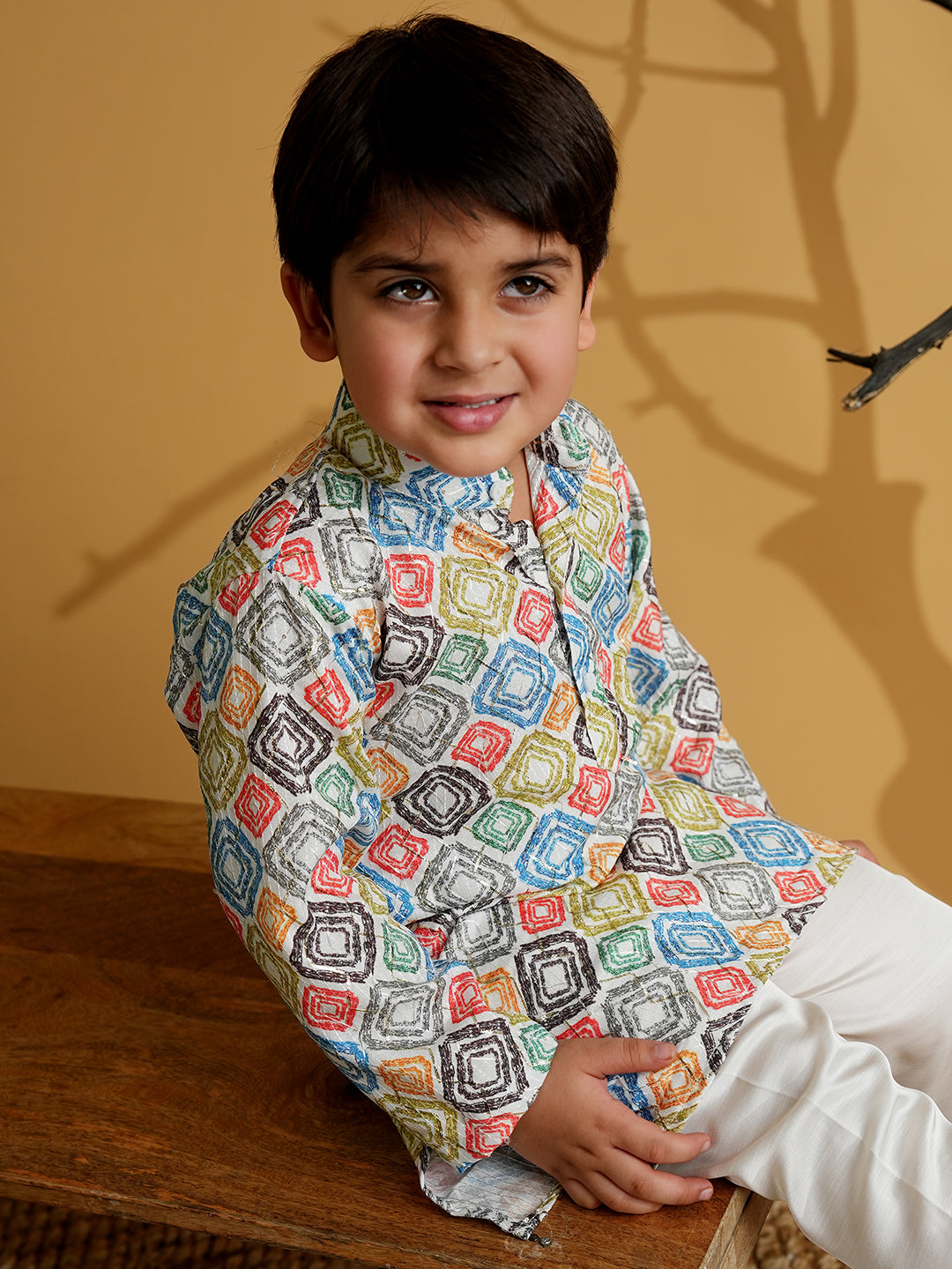 Multi Color Silk Blend Full Sleeves Printed Kurta Pyjama Set - AJ Dezines