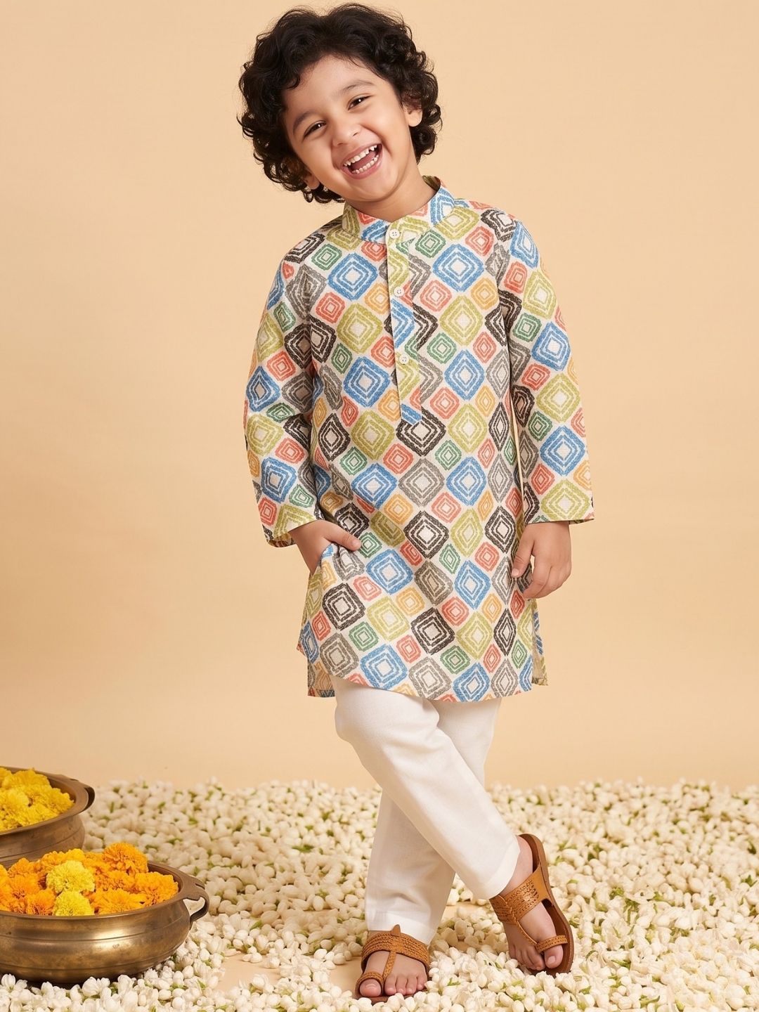 Multi Color Silk Blend Full Sleeves Printed Kurta Pyjama Set
