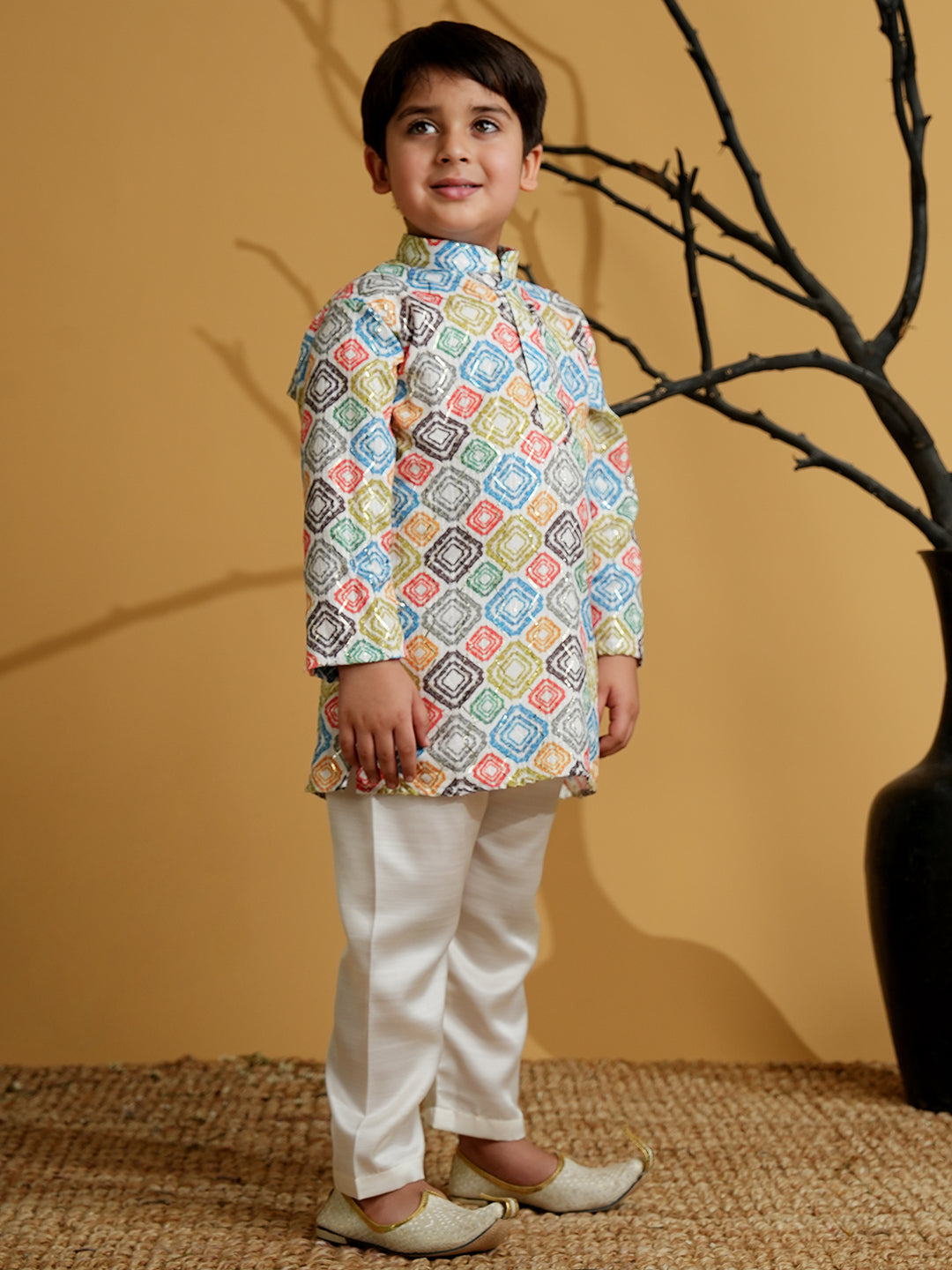 Multi Color Silk Blend Full Sleeves Printed Kurta Pyjama Set - AJ Dezines