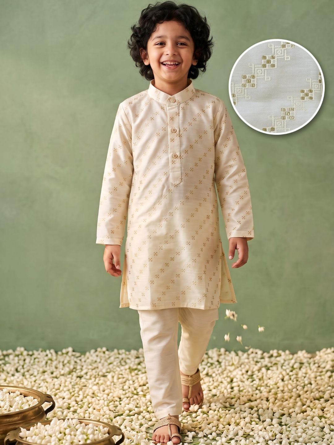 White Silk Blend Full Sleeves Embroidered Kurta Pyjama Set