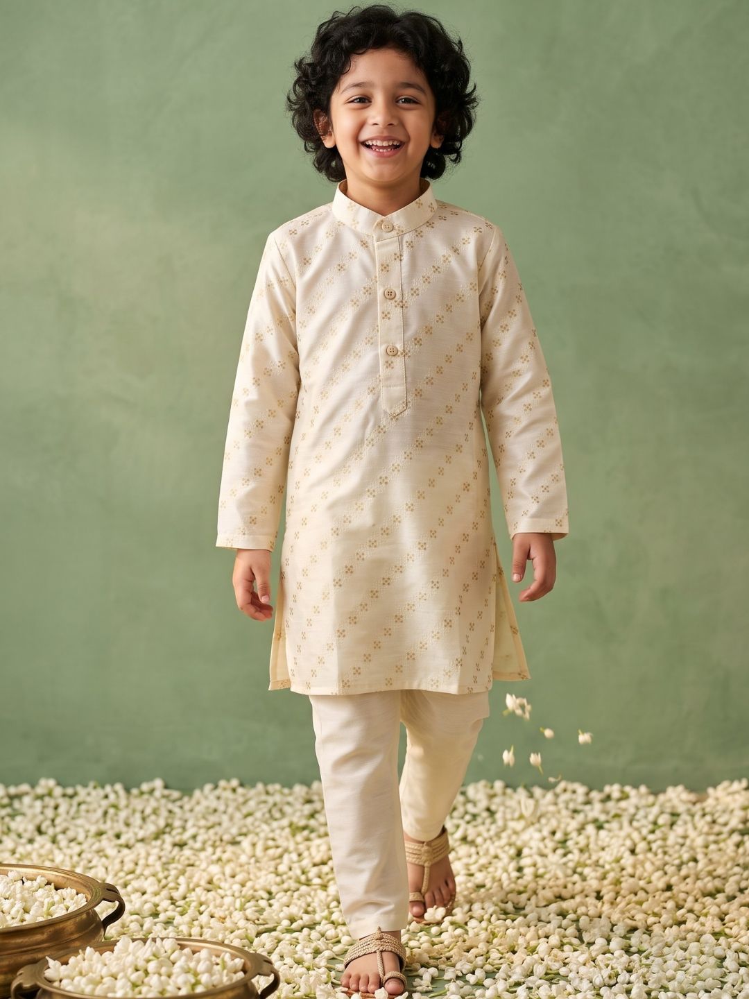 White Silk Blend Full Sleeves Embroidered Kurta Pyjama Set