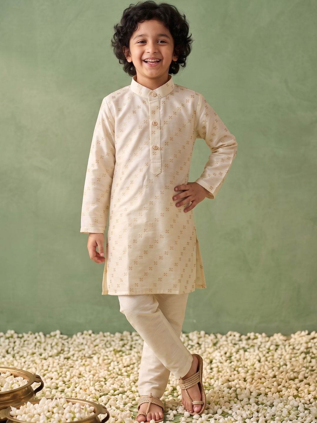 White Silk Blend Full Sleeves Embroidered Kurta Pyjama Set