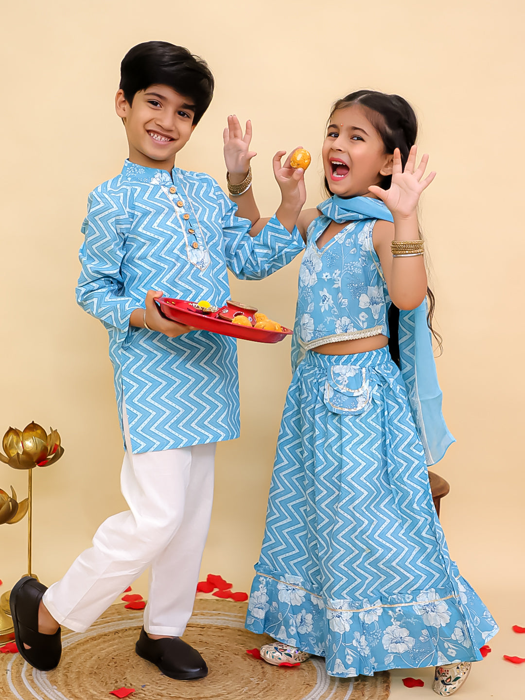 Boys Blue Cotton Full sleeves Zig-Zag Printed Kurta Pyjama Set and Blue Cotton Sleeveless Floral Printed Lehenga Choli for Girls - Sibling Set - AJ Dezines