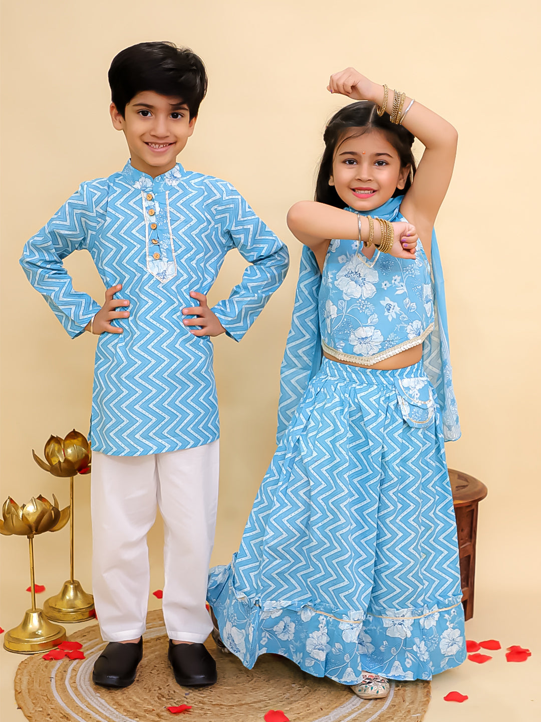 Boys Blue Cotton Full sleeves Zig-Zag Printed Kurta Pyjama Set and Blue Cotton Sleeveless Floral Printed Lehenga Choli for Girls - Sibling Set - AJ Dezines