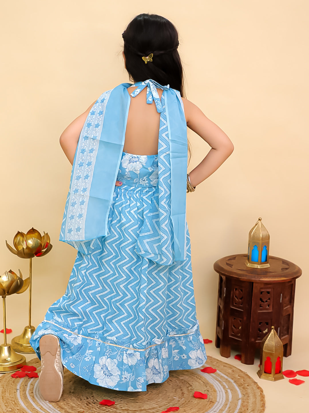 Boys Blue Cotton Full sleeves Zig-Zag Printed Kurta Pyjama Set and Blue Cotton Sleeveless Floral Printed Lehenga Choli for Girls - Sibling Set - AJ Dezines