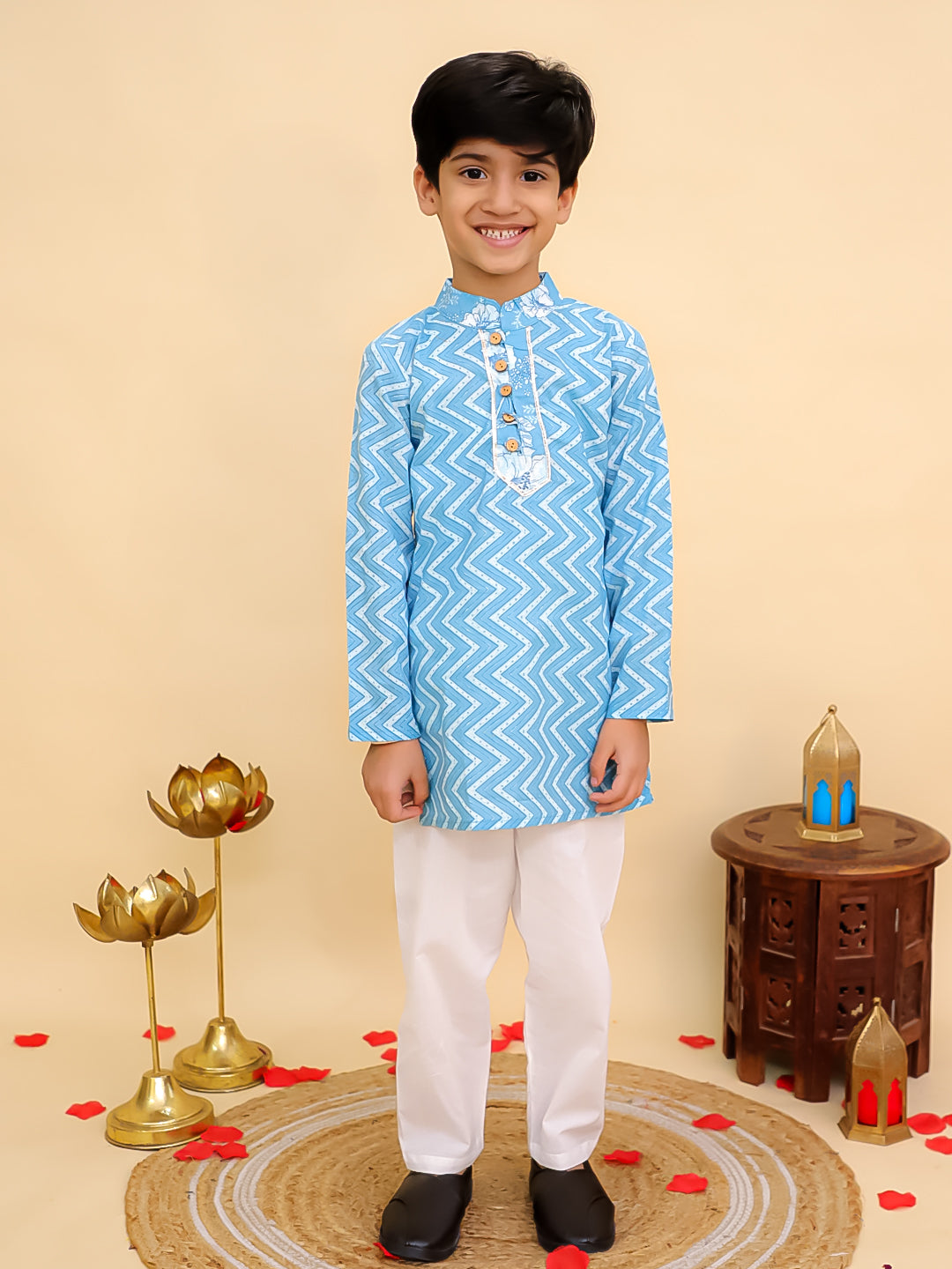 Boys Blue Cotton Full sleeves Zig-Zag Printed Kurta Pyjama Set and Blue Cotton Sleeveless Floral Printed Lehenga Choli for Girls - Sibling Set - AJ Dezines