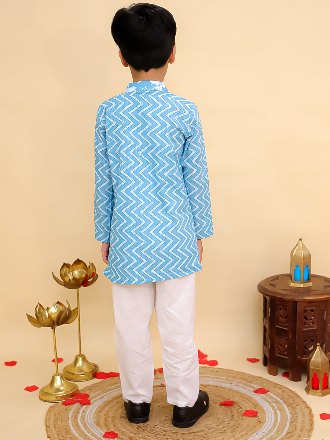 Boys Blue Cotton Full sleeves Zig-Zag Printed Kurta Pyjama Set and Blue Cotton Sleeveless Floral Printed Lehenga Choli for Girls - Sibling Set - AJ Dezines