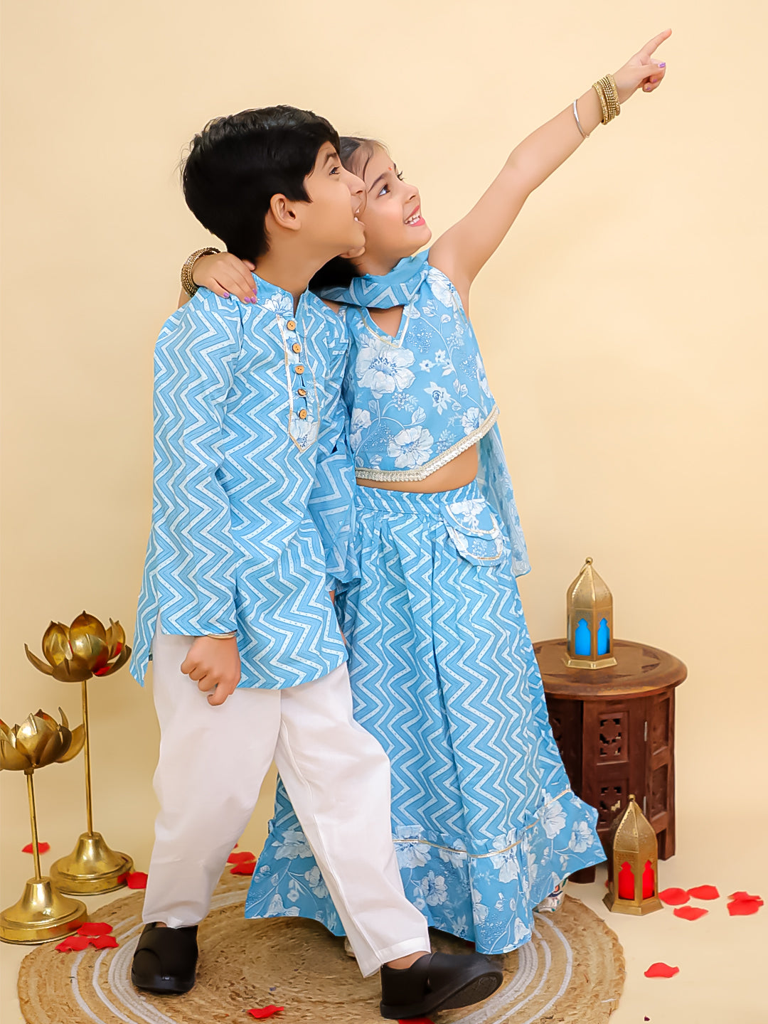 Boys Blue Cotton Full sleeves Zig-Zag Printed Kurta Pyjama Set and Blue Cotton Sleeveless Floral Printed Lehenga Choli for Girls - Sibling Set - AJ Dezines