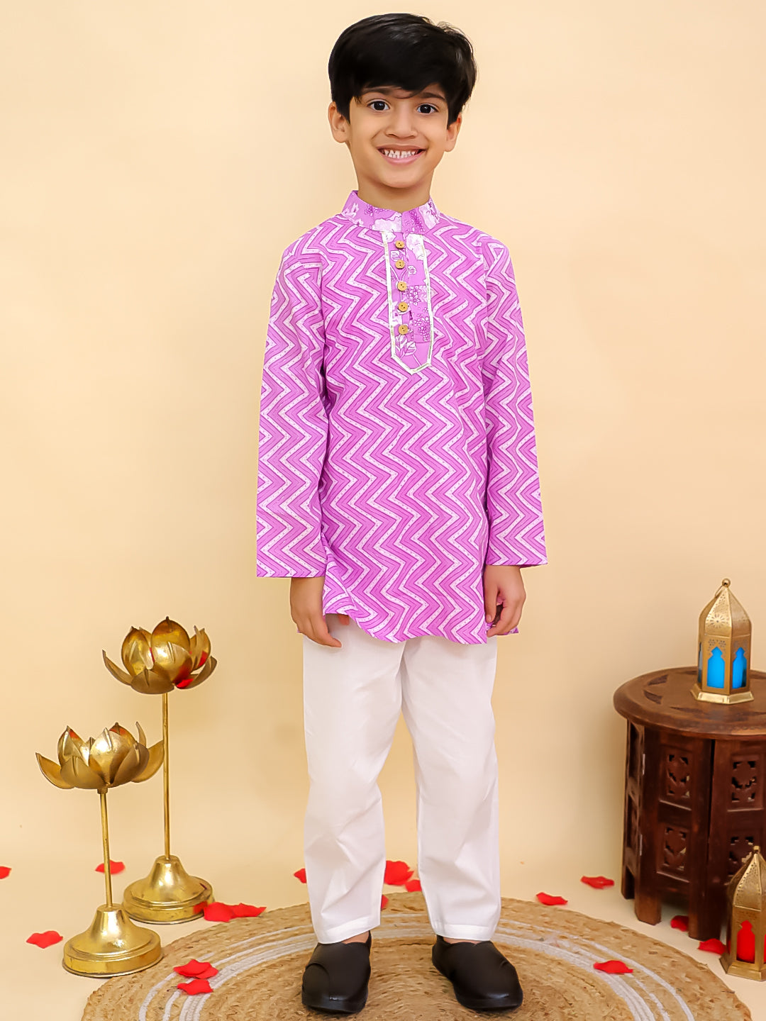 Purple Cotton Full sleeves Zig-Zag Printed Kurta Pyjama Set for Boys - AJ Dezines