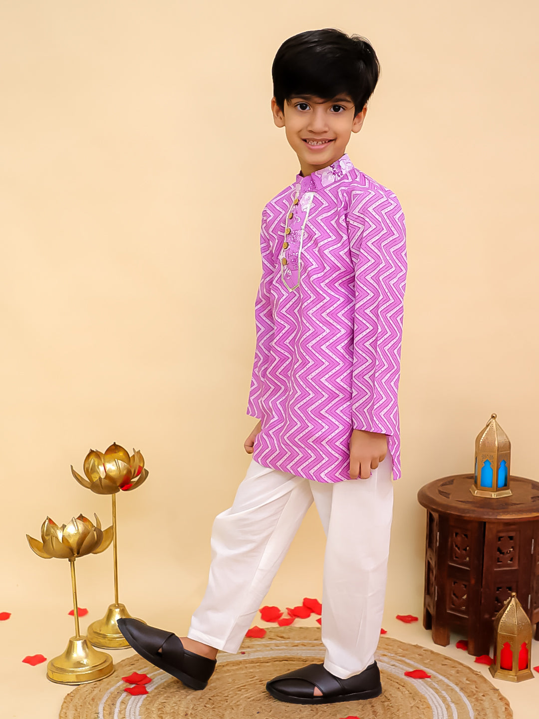 Purple Cotton Full sleeves Zig-Zag Printed Kurta Pyjama Set for Boys - AJ Dezines