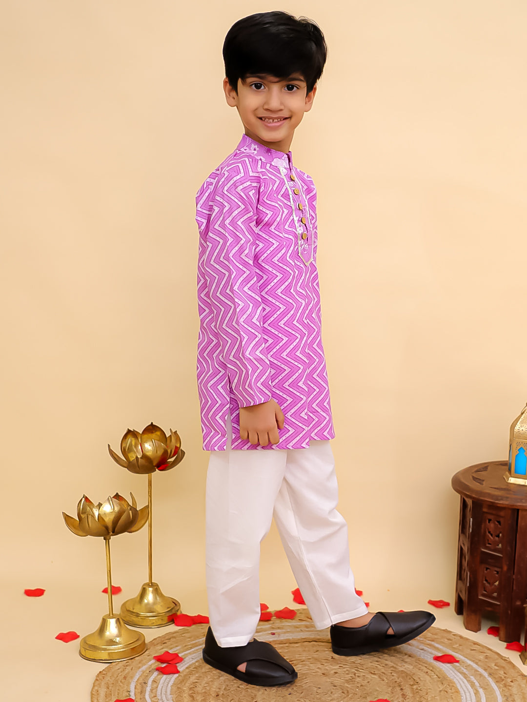 Purple Cotton Full sleeves Zig-Zag Printed Kurta Pyjama Set for Boys - AJ Dezines
