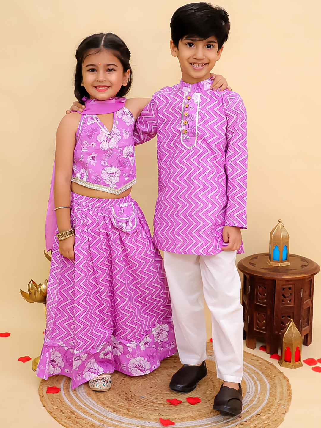 Boys Purple Cotton Full sleeves Zig-Zag Printed Kurta Pyjama Set and Purple Cotton Sleeveless Floral Printed Lehenga Choli for Girls - Sibling Set - AJ Dezines