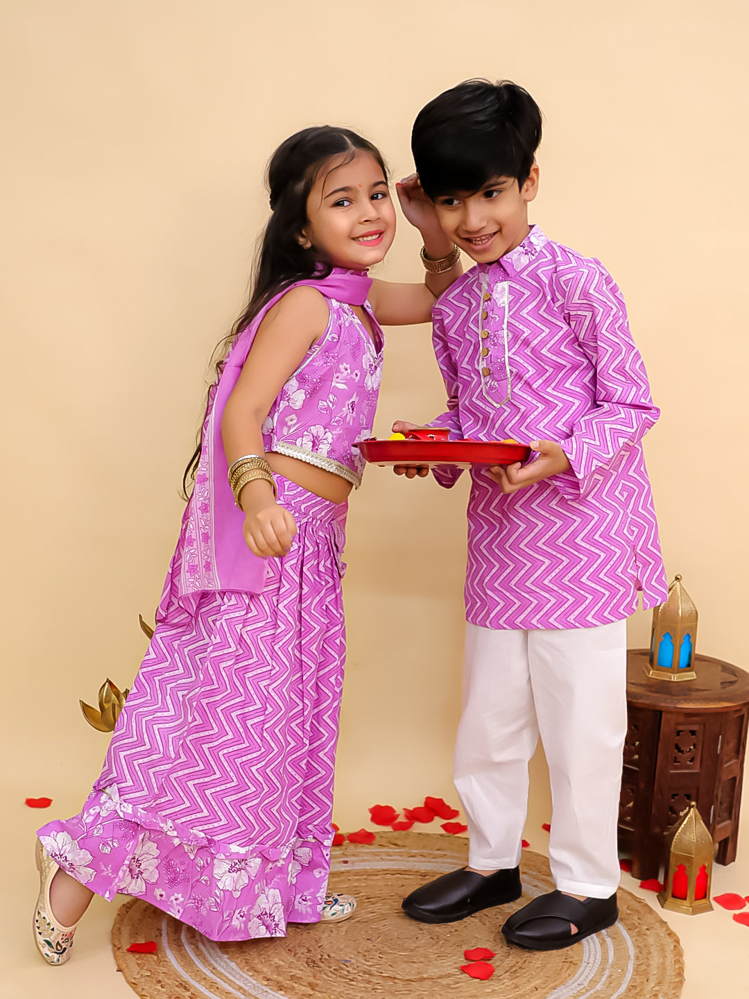 Boys Purple Cotton Full sleeves Zig-Zag Printed Kurta Pyjama Set and Purple Cotton Sleeveless Floral Printed Lehenga Choli for Girls - Sibling Set - AJ Dezines