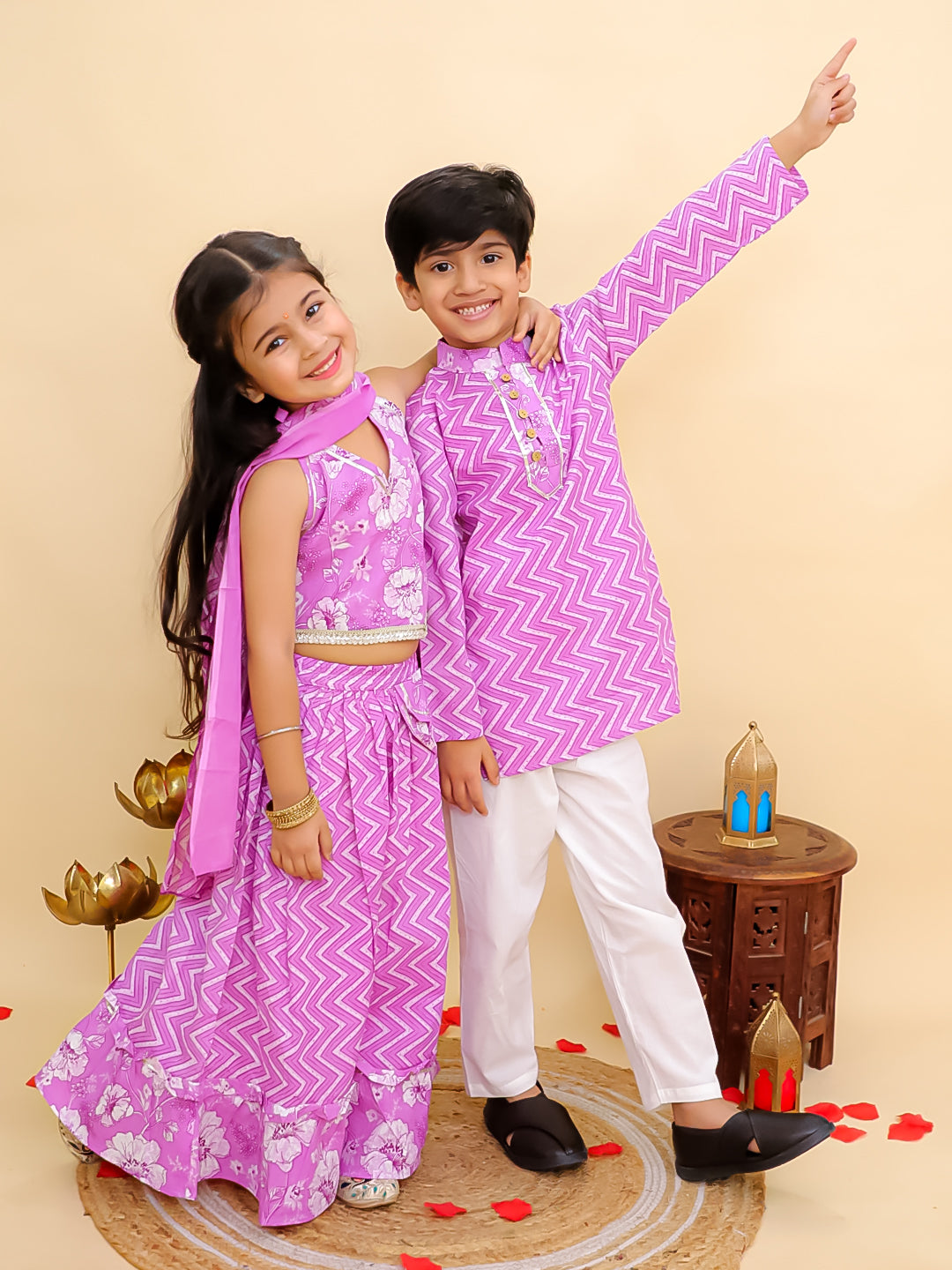 Boys Purple Cotton Full sleeves Zig-Zag Printed Kurta Pyjama Set and Purple Cotton Sleeveless Floral Printed Lehenga Choli for Girls - Sibling Set - AJ Dezines
