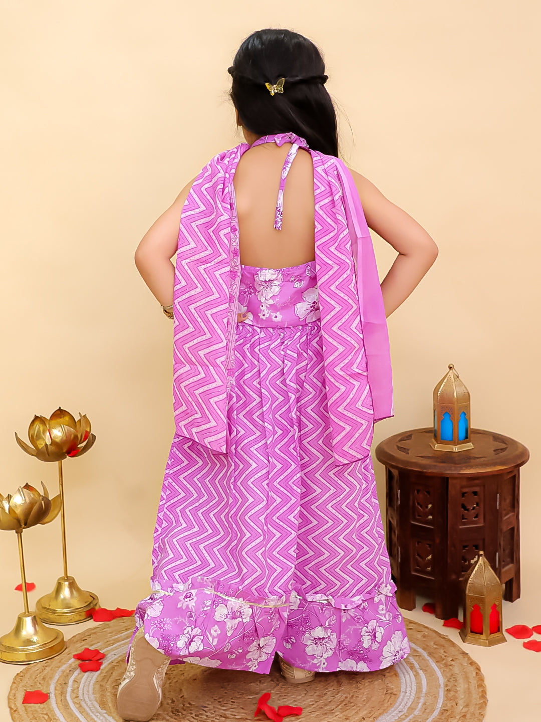 Boys Purple Cotton Full sleeves Zig-Zag Printed Kurta Pyjama Set and Purple Cotton Sleeveless Floral Printed Lehenga Choli for Girls - Sibling Set - AJ Dezines