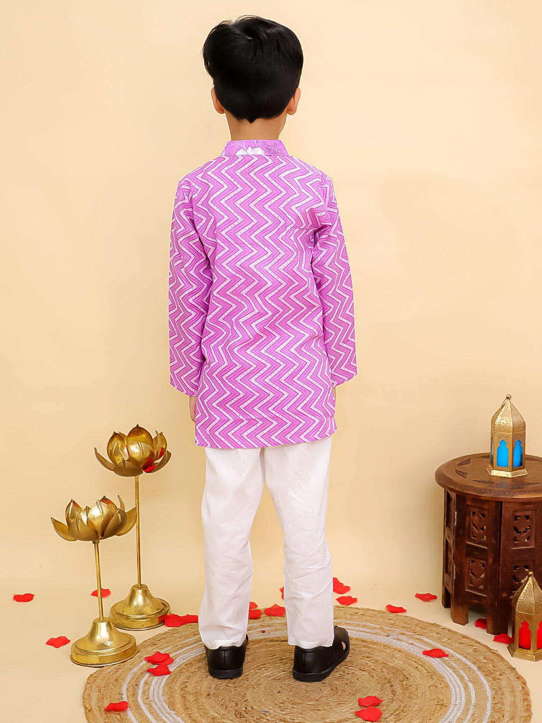 Boys Purple Cotton Full sleeves Zig-Zag Printed Kurta Pyjama Set and Purple Cotton Sleeveless Floral Printed Lehenga Choli for Girls - Sibling Set - AJ Dezines