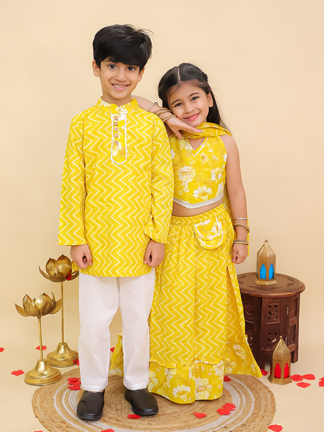 Boys Yellow Cotton Full sleeves Zig-Zag Printed Kurta Pyjama Set and Yellow Cotton Sleeveless Floral Printed Lehenga Choli for Girls - Sibling Set - AJ Dezines