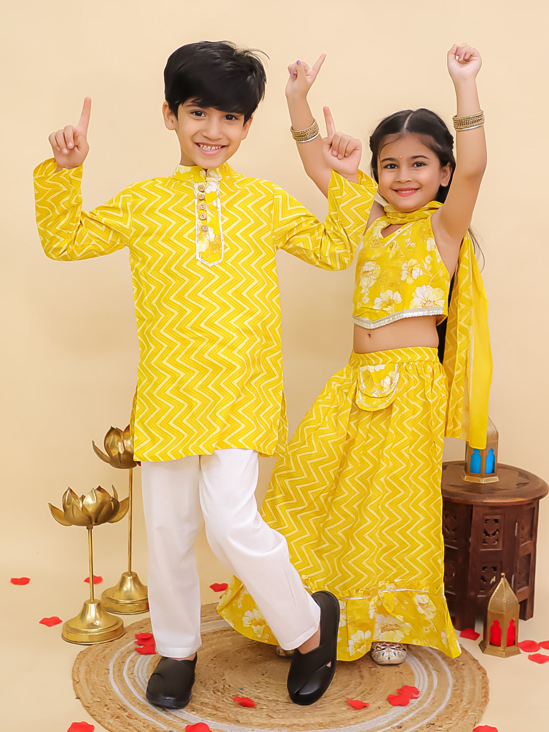 Boys Yellow Cotton Full sleeves Zig-Zag Printed Kurta Pyjama Set and Yellow Cotton Sleeveless Floral Printed Lehenga Choli for Girls - Sibling Set - AJ Dezines