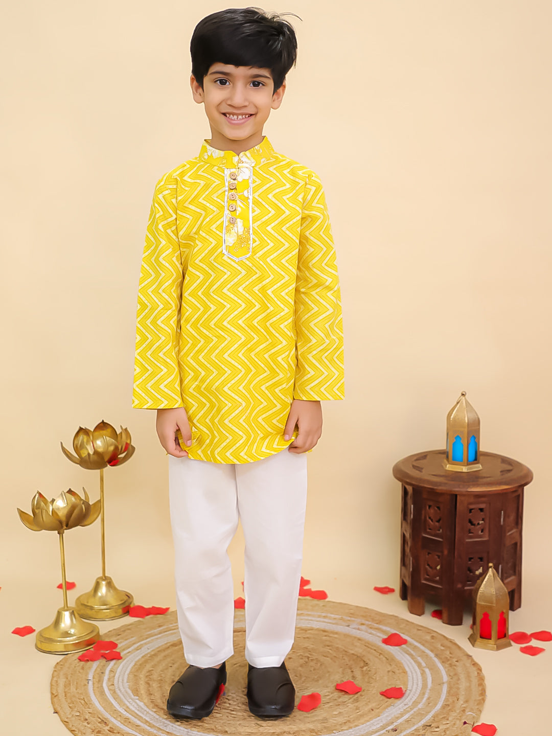 Boys Yellow Cotton Full sleeves Zig-Zag Printed Kurta Pyjama Set and Yellow Cotton Sleeveless Floral Printed Lehenga Choli for Girls - Sibling Set - AJ Dezines
