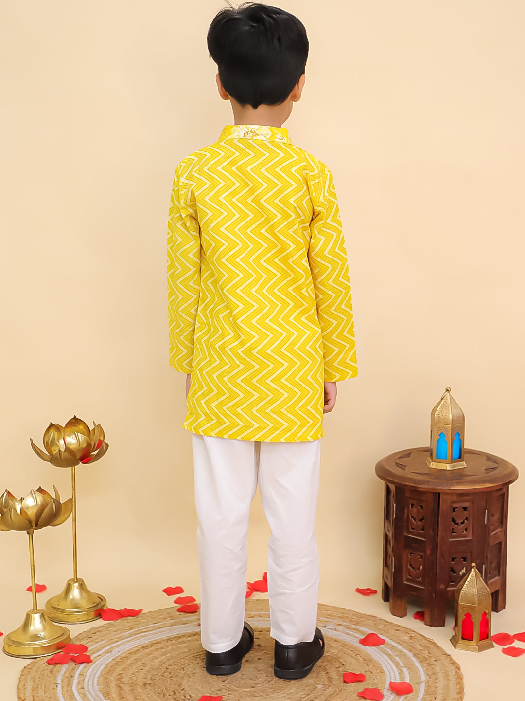Boys Yellow Cotton Full sleeves Zig-Zag Printed Kurta Pyjama Set and Yellow Cotton Sleeveless Floral Printed Lehenga Choli for Girls - Sibling Set - AJ Dezines